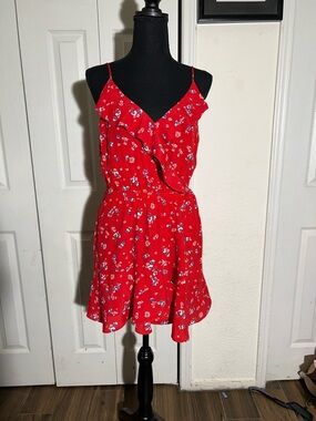 Express Red Floral Midi Dress with Ruffle V-Neck